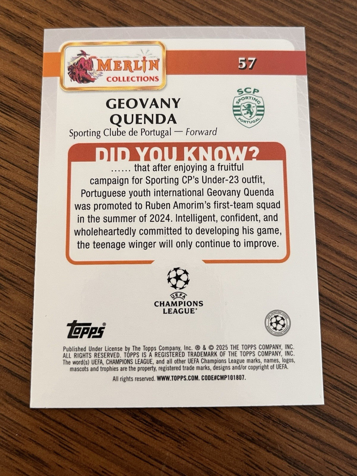 Geovany Quenda Rookie Topps Merlin UEFA Champions League Sporting CP 572