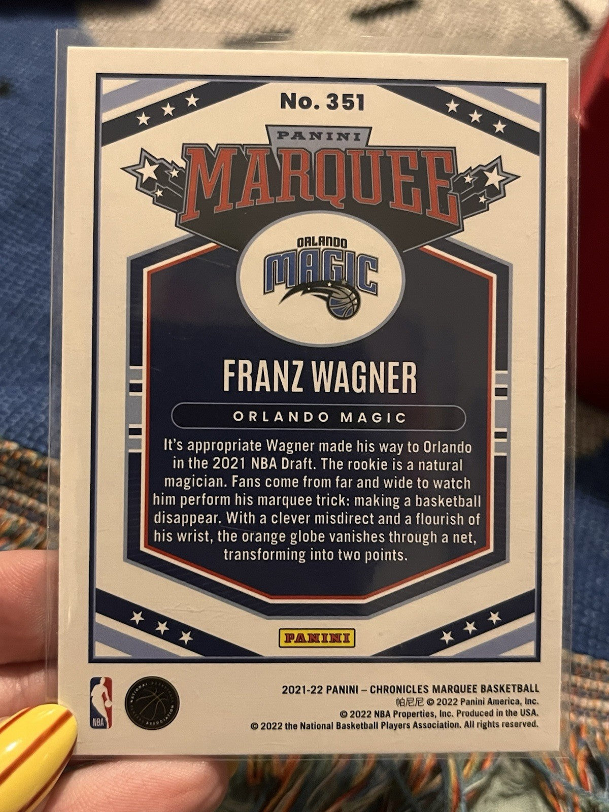 Panini 2021 22 Chronicles Marquee Basketball Franz Wagner Orlando Magic RC 3512