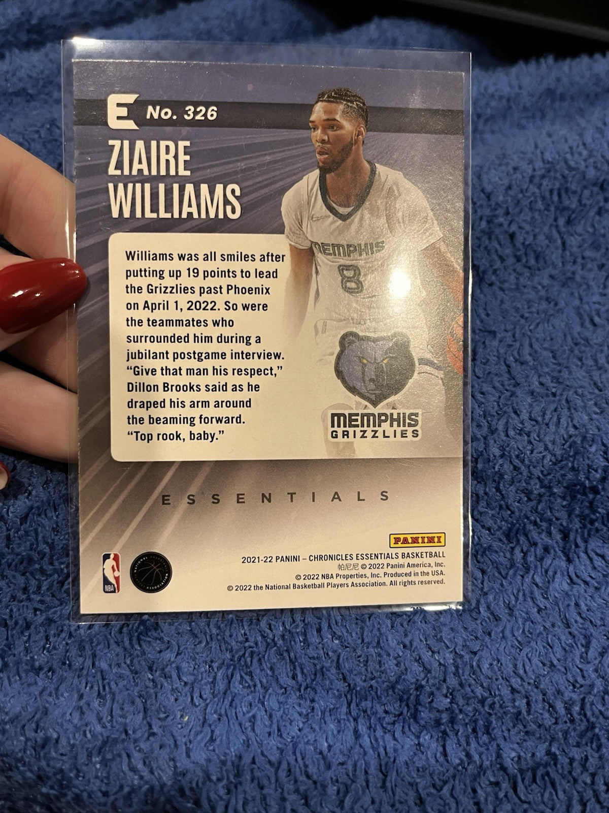 Panini Chronicles Essentials 2021 22 Ziaire Williams Rookie RC #326 Grizzlies2