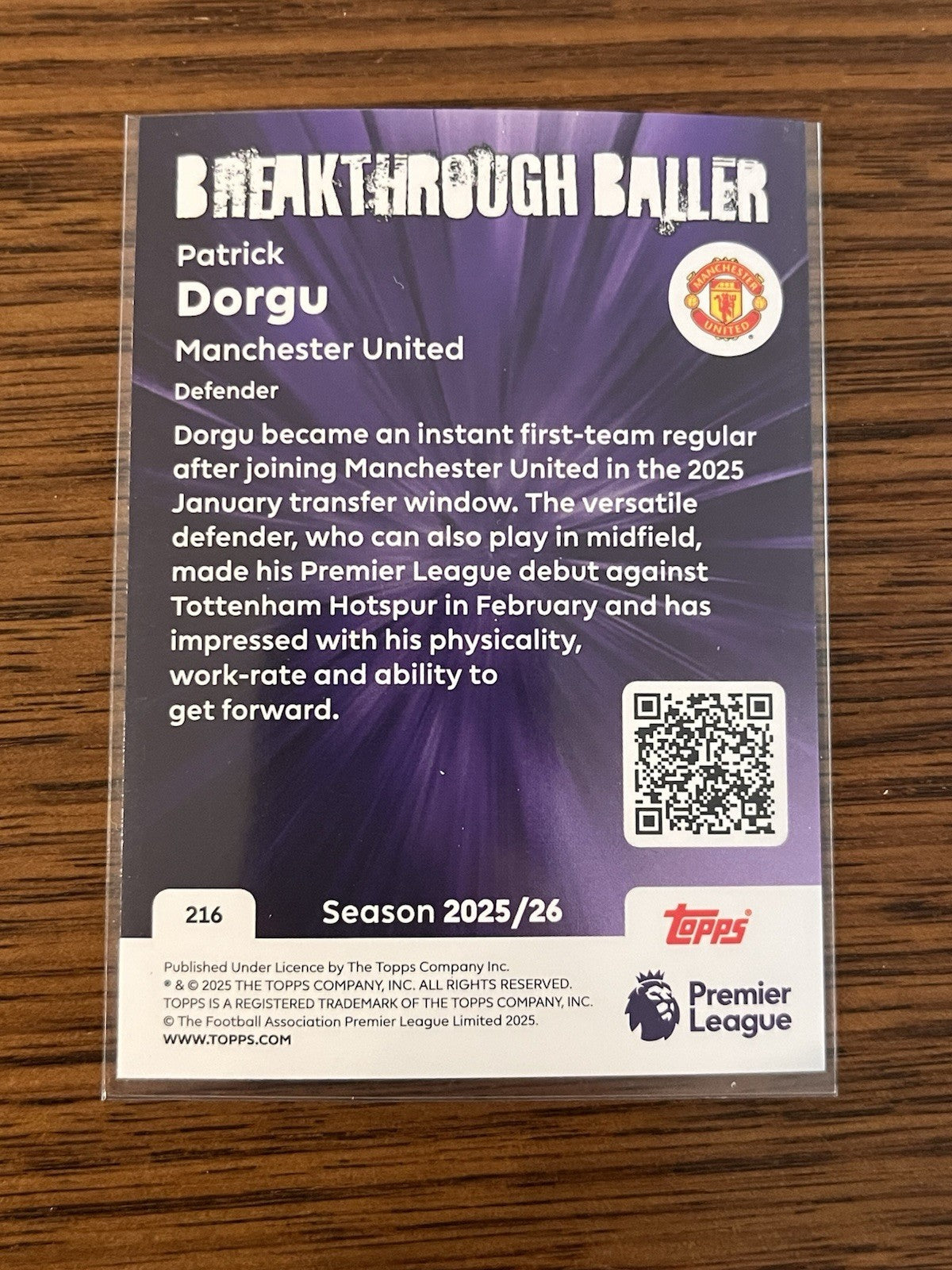 Patrick Dorgu Breakthrough Baller Insert Topps Premier League 216 2025/26 MUFC2