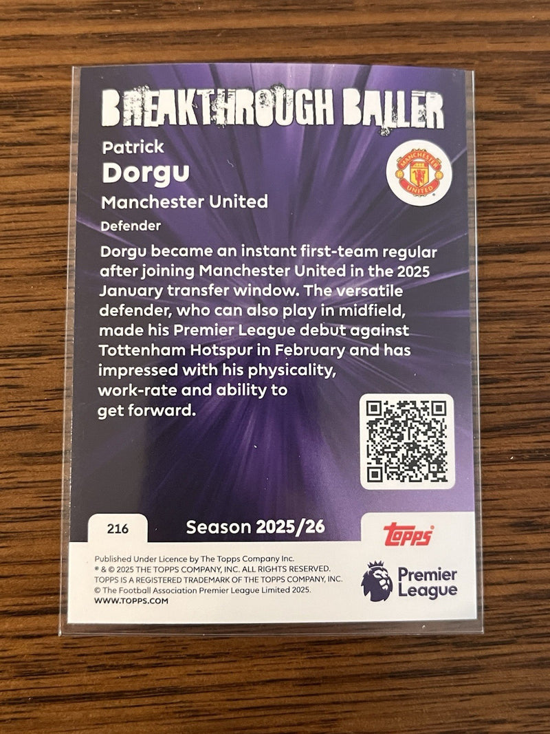 Patrick Dorgu Breakthrough Baller Insert Topps Premier League 216 2025/26 MUFC2