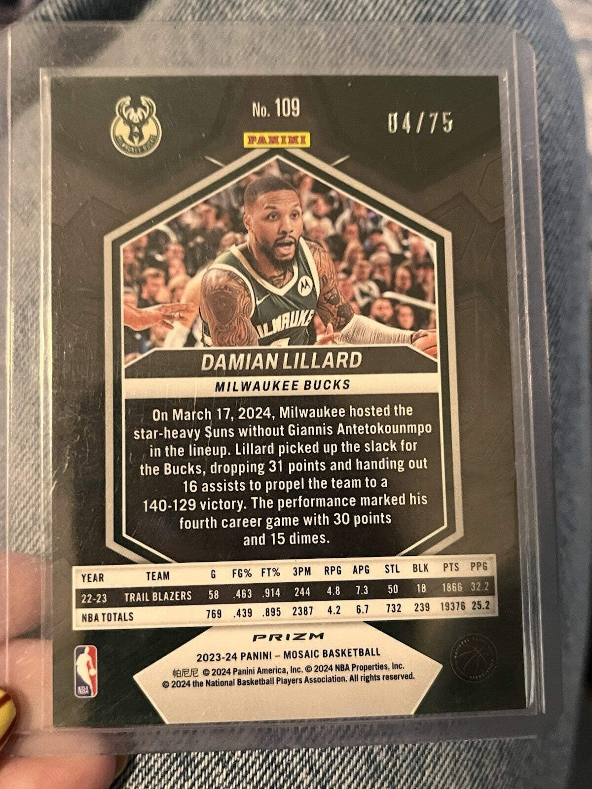Panini Mosaic 2023 24 Damian Lillard Milwaukee Bucks #109 Parallel 04/752