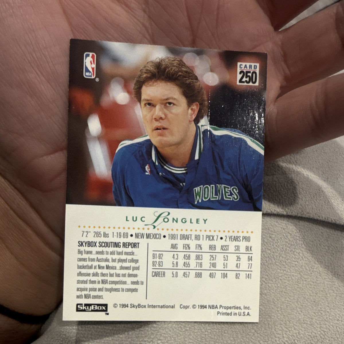 SkyBox Premium 1993 94 Luc Longley Minnesota Timberwolves #250 NBA Card3