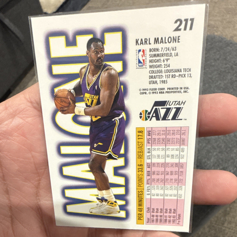Fleer Karl Malone Base Set 1993 94 Fleer Utah Jazz #211 NBA Basketball Card1