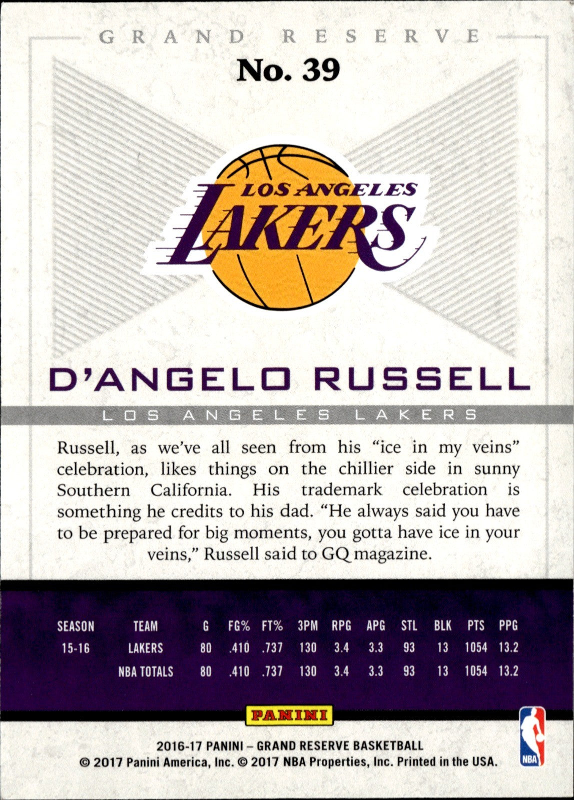 D'Angelo Russell Base Panini Grand Reserve 39 NM1
