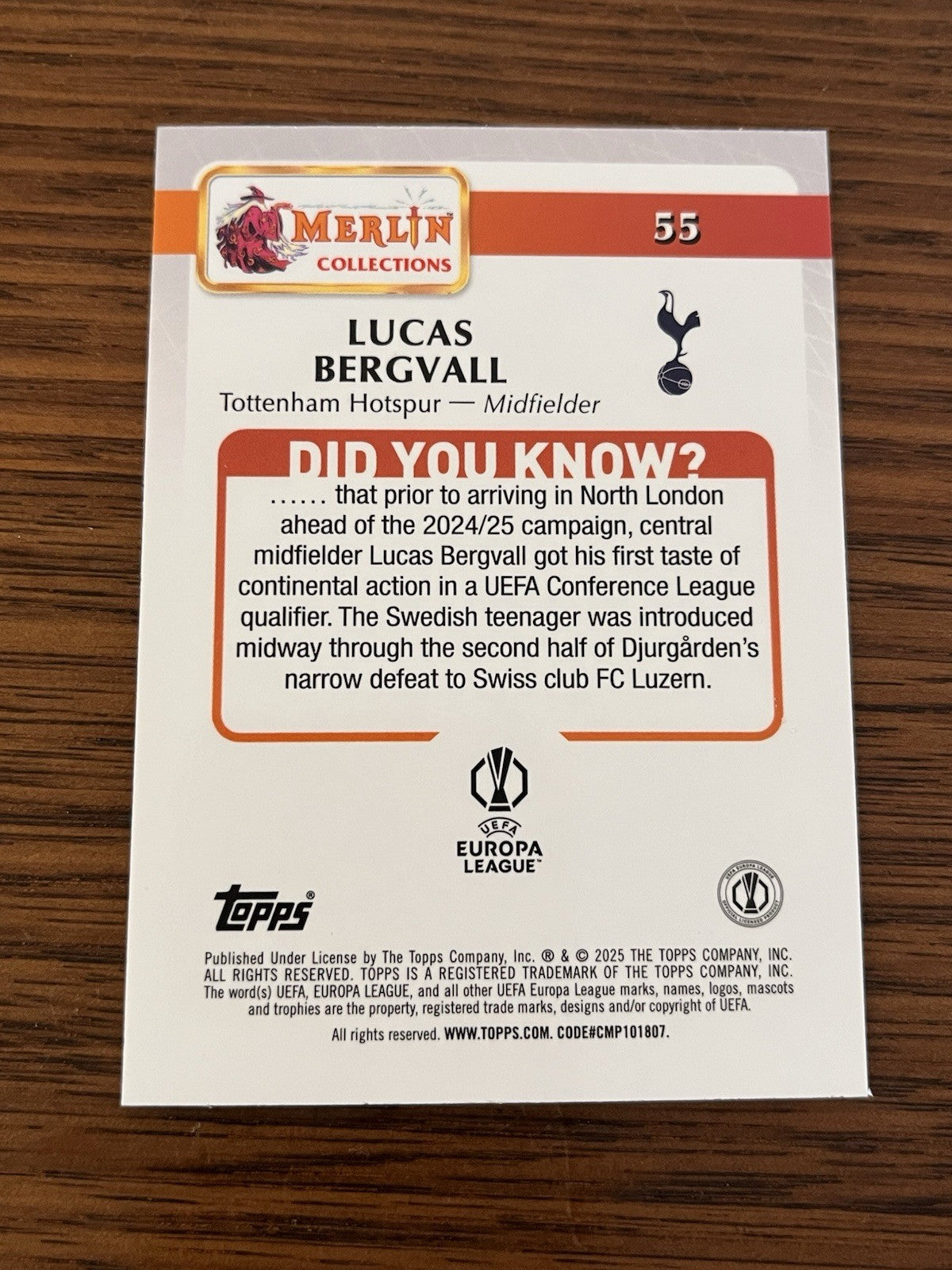 Topps Merlin Collections Lucas Bergvall Rookie #55 Tottenham UEFA Europa 2024 252