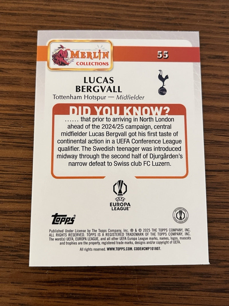 Topps Merlin Collections Lucas Bergvall Rookie #55 Tottenham UEFA Europa 2024 252