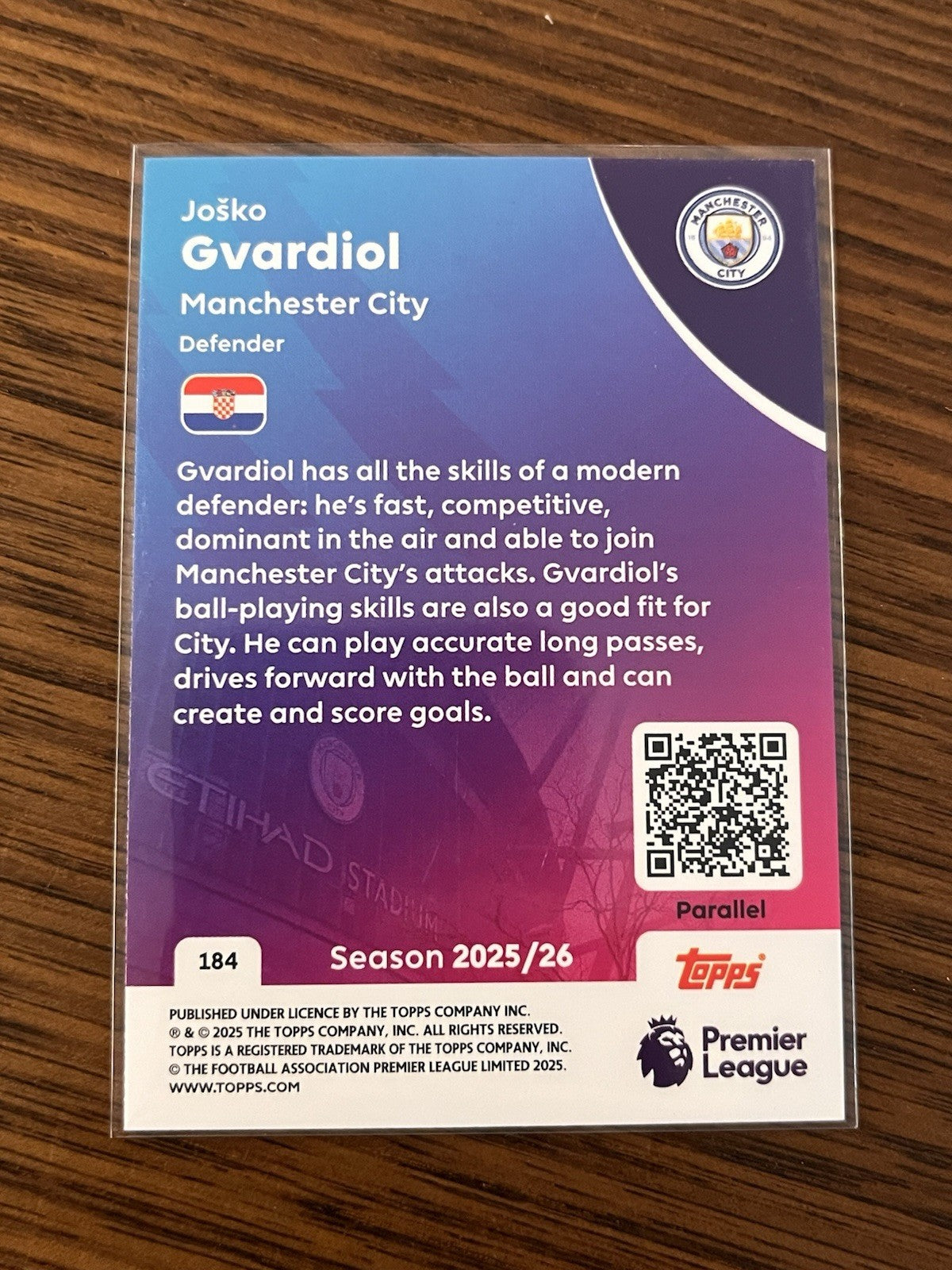 Topps Joško Gvardiol Parallel Topps Premier League Manchester City 184 2025/262