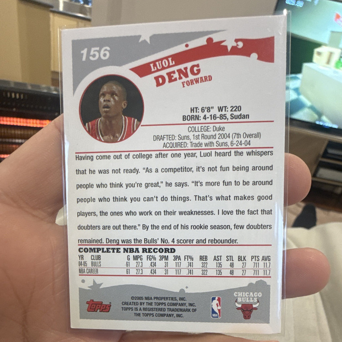 Topps Luol Deng Rookie 2005 #156 Chicago Bulls NBA Basketball Trading Card1
