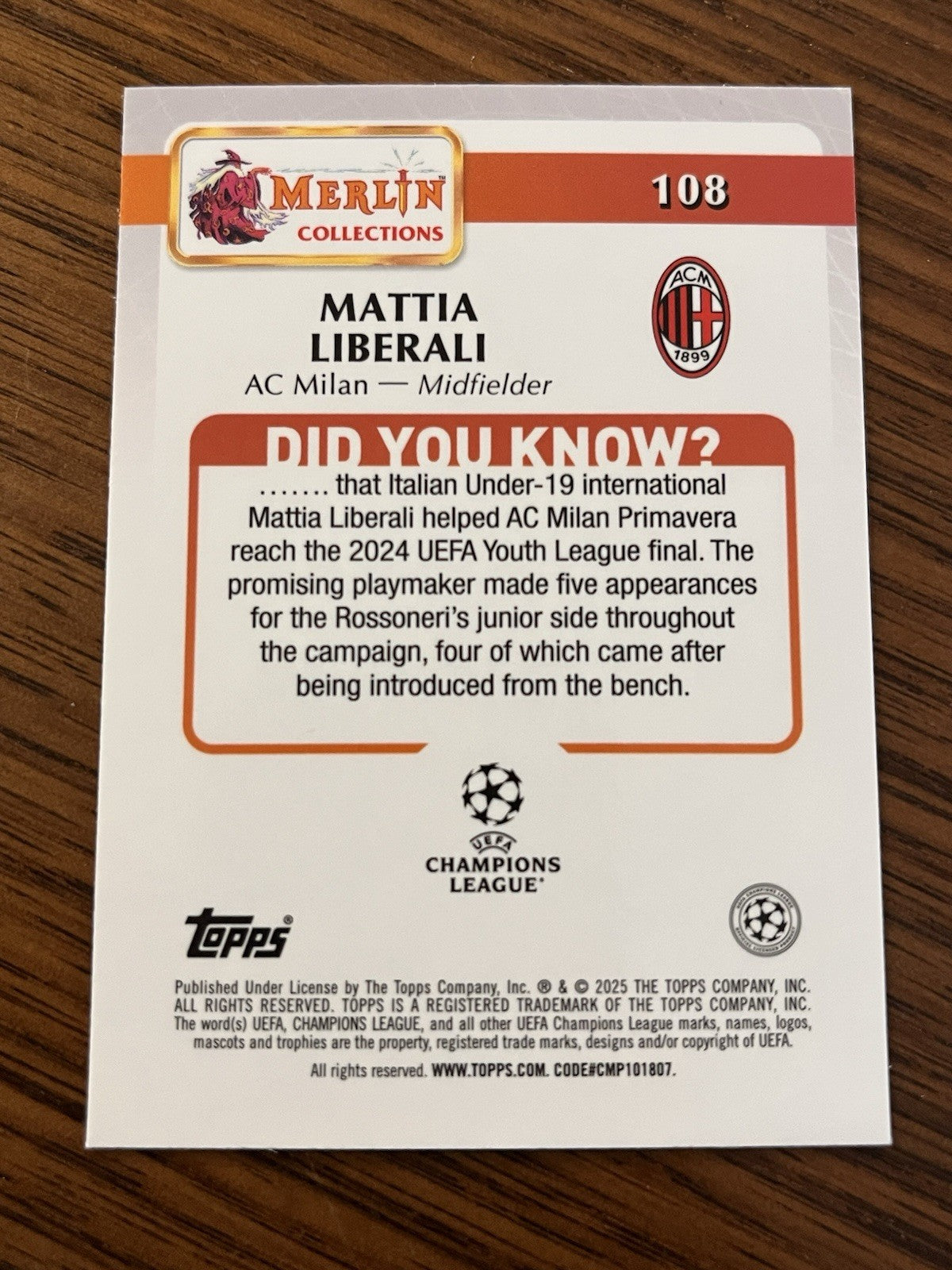Topps Merlin UCL Mattia Liberali Rookie #108 AC Milan2