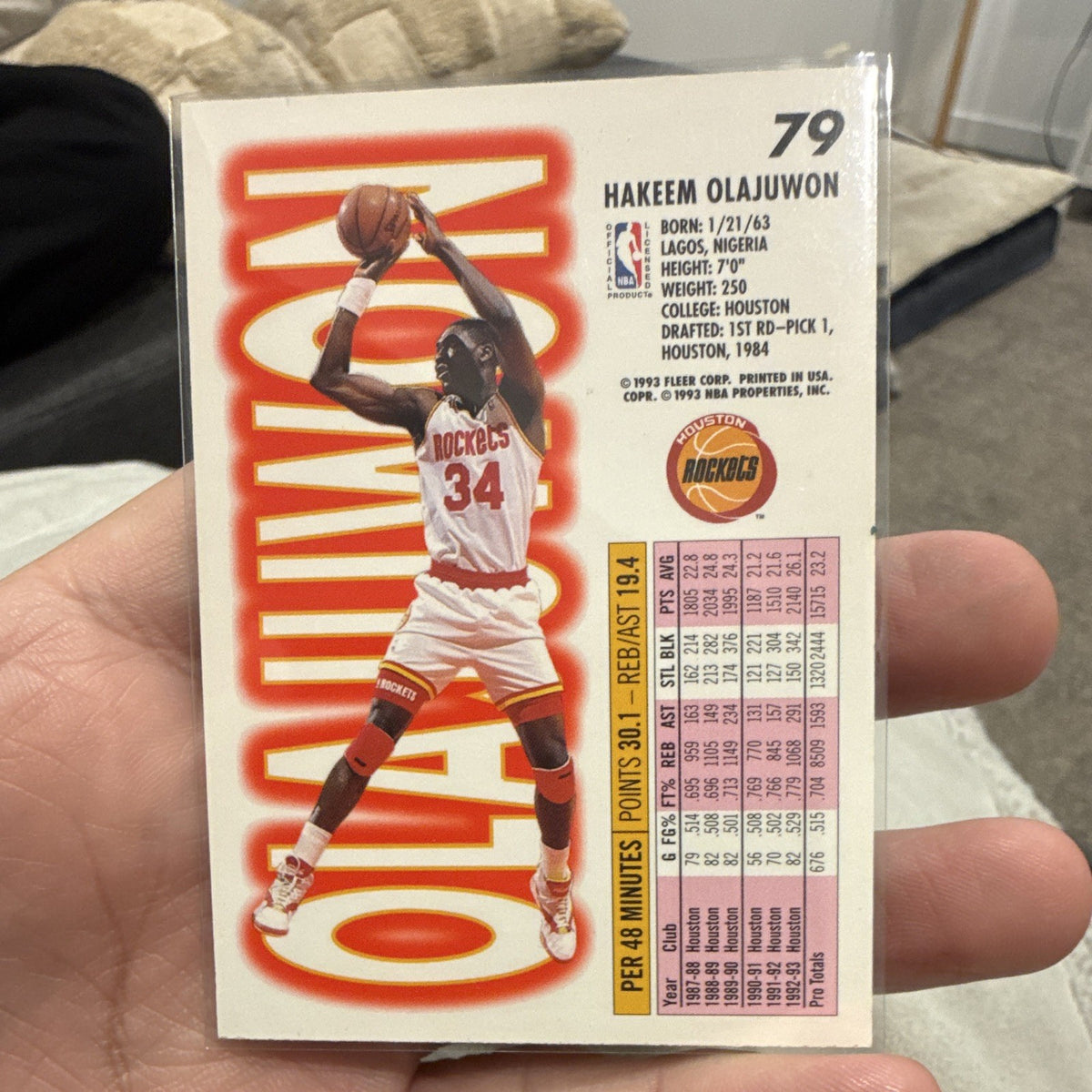 Fleer 1993 94 Hakeem Olajuwon Houston Rockets #79 Base Set NBA Card1