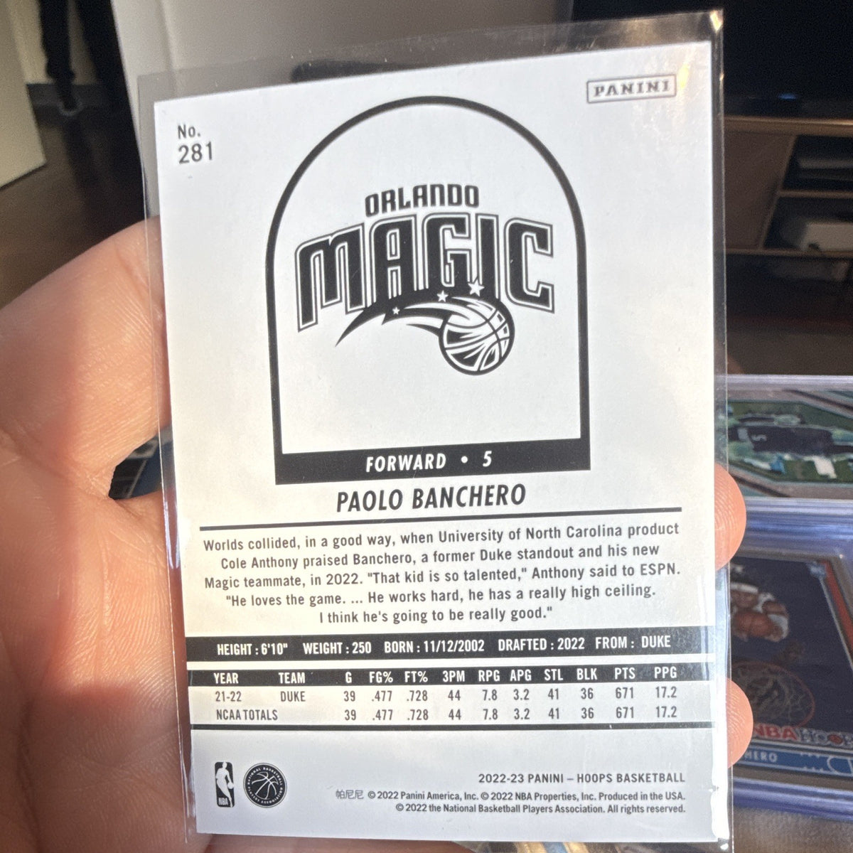 Panini 2022 23 NBA Hoops Paolo Banchero Base Orlando Magic #2811