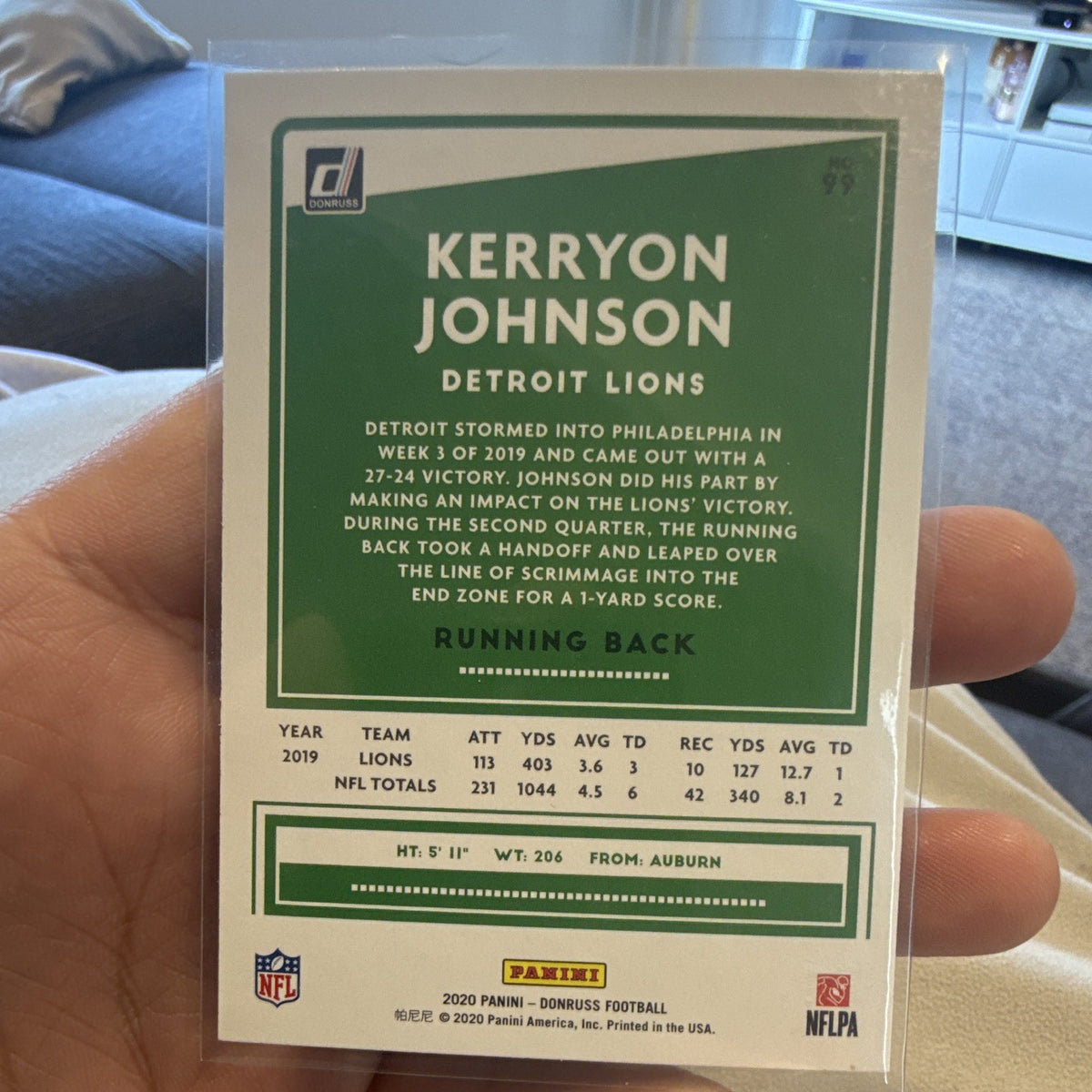 Panini Donruss 2020 Kerryon Johnson Press Proof Detroit Lions #99 NFL Card1