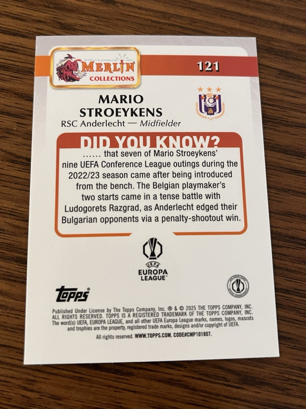 Topps Mario Stroeykens Rookie Merlin Collections UEFA Europa League RSC 1212