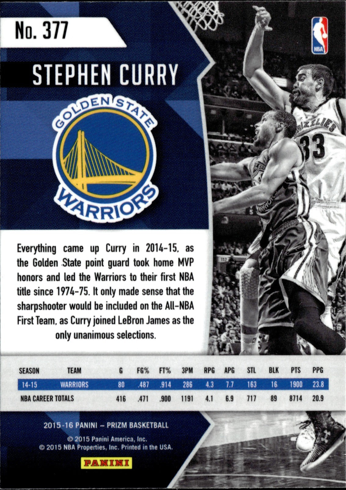 Stephen Curry Base Panini Prizm 377 NM1