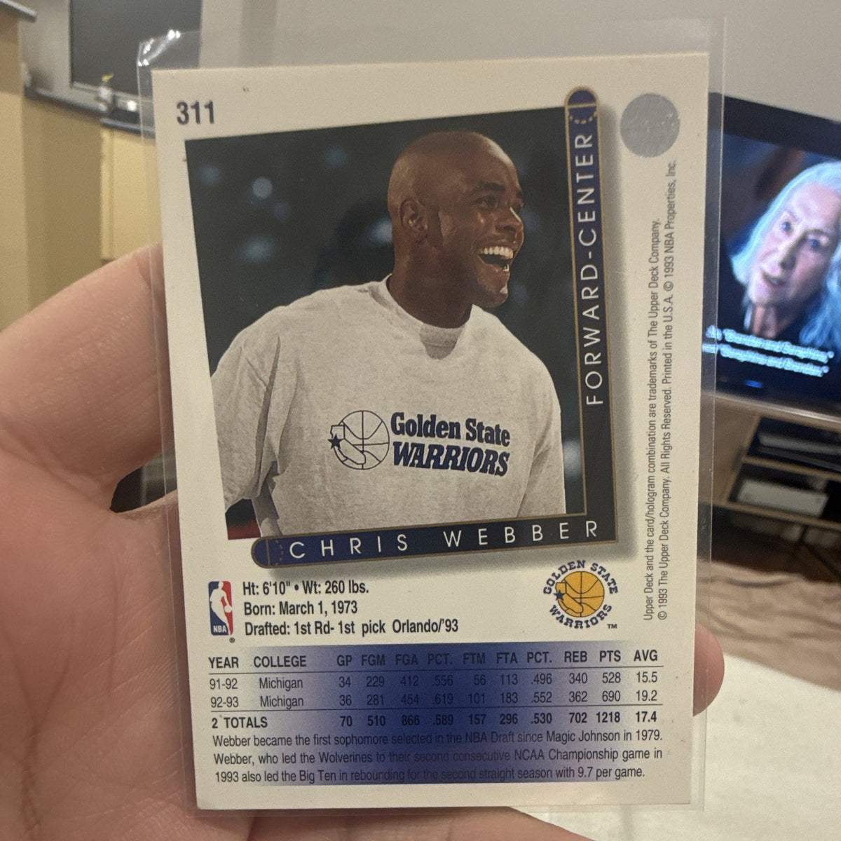 Upper Deck 1993 94 Chris Webber Rookie Golden State Warriors #311 NBA Card1