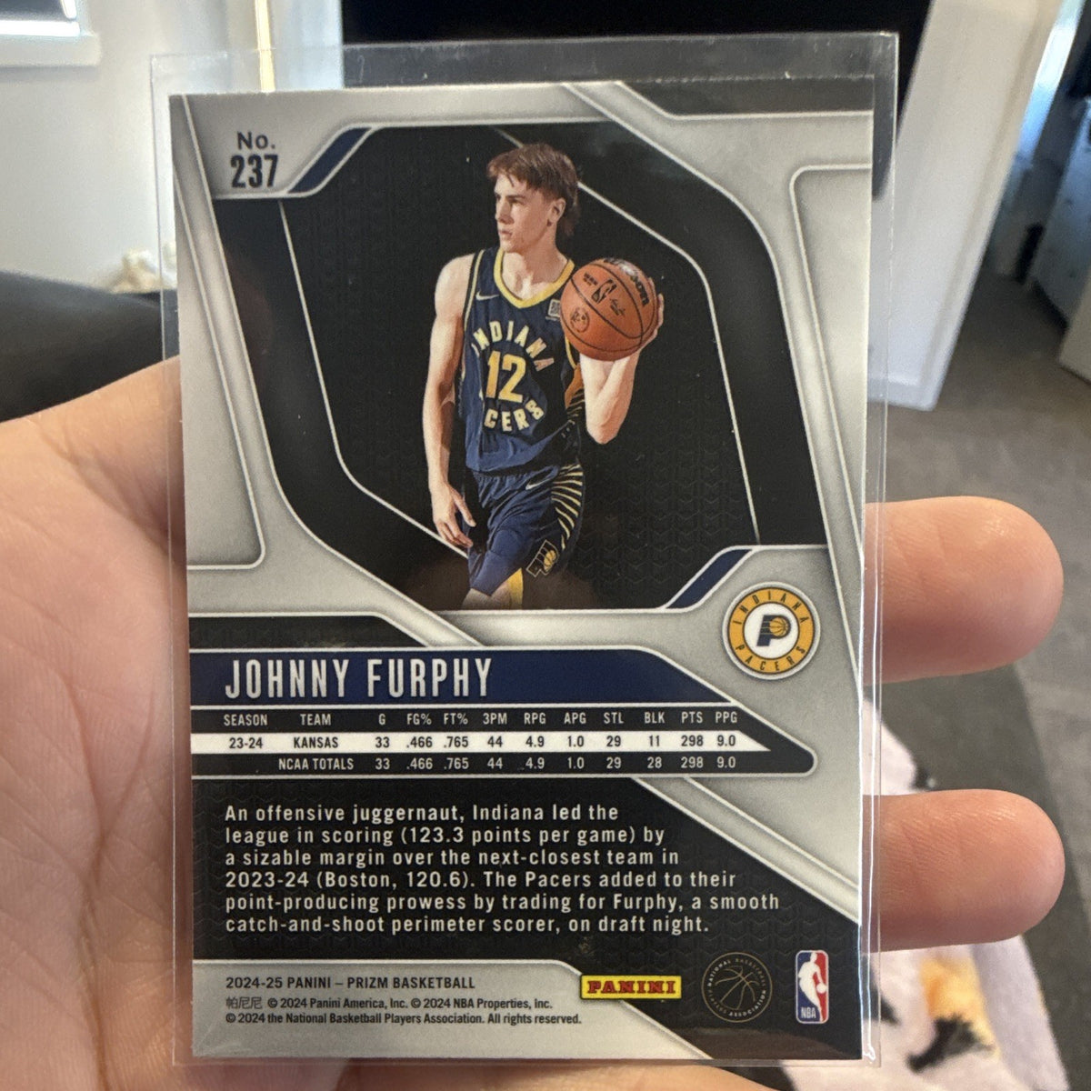 Panini 2024-25 Prizm Basketball Johnny Furphy Rookie RC #237 Indiana Pacers1