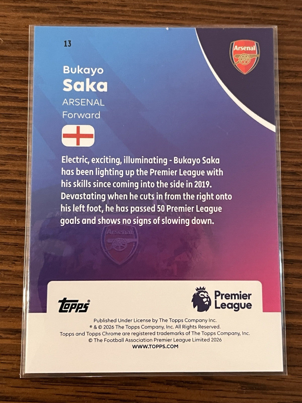 Topps Chrome Premier League Bukayo Saka Arsenal #13 Sports Trading Card2