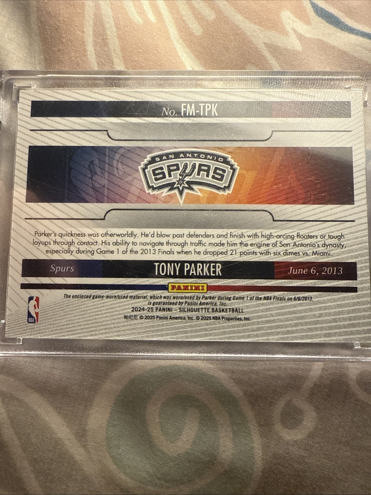 2013 Tony Parker NBA finals Game Worn Silhouette basketball1