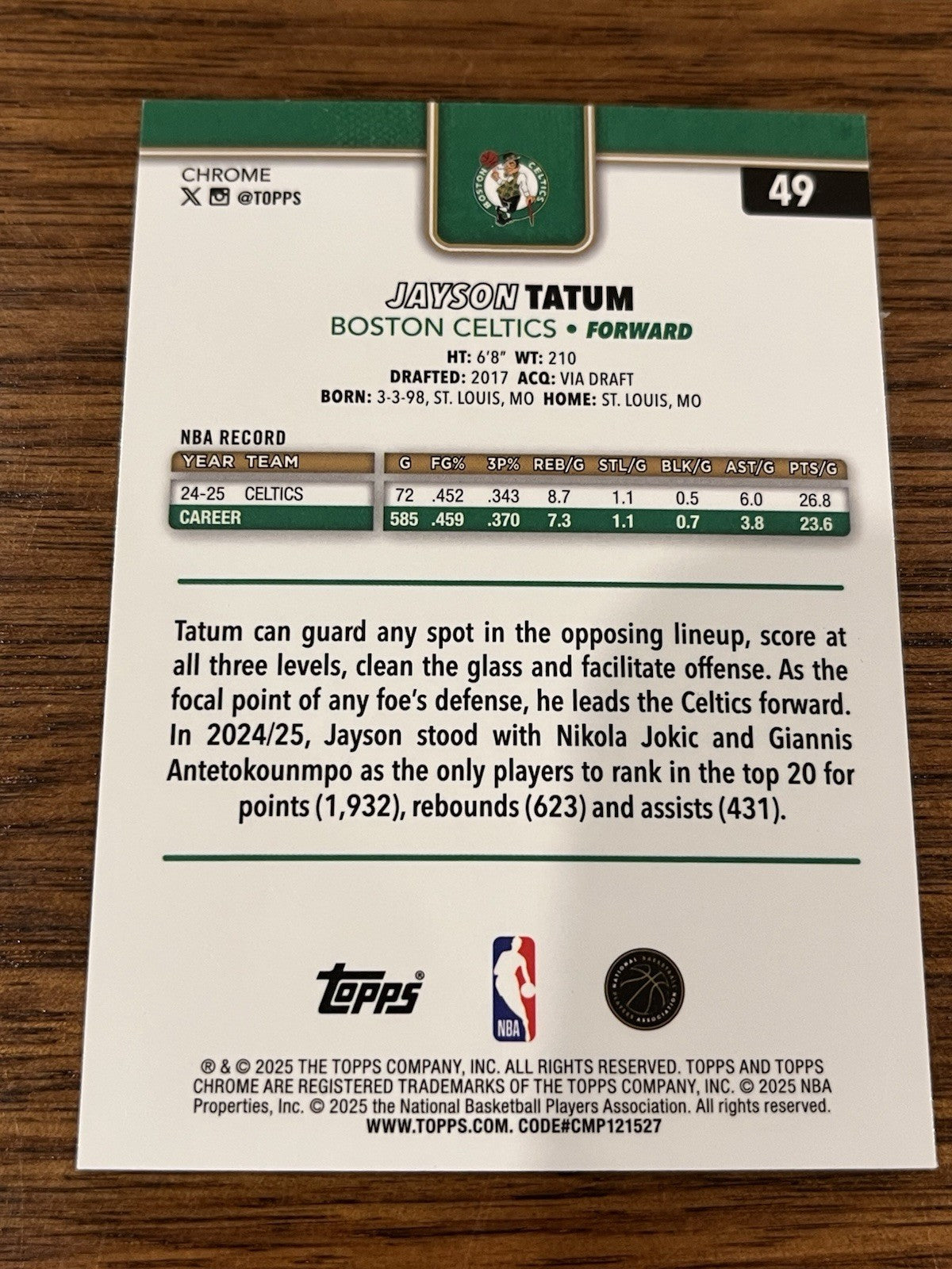 Topps Chrome Jayson Tatum Base Boston Celtics #49 2025 Basketball Card2