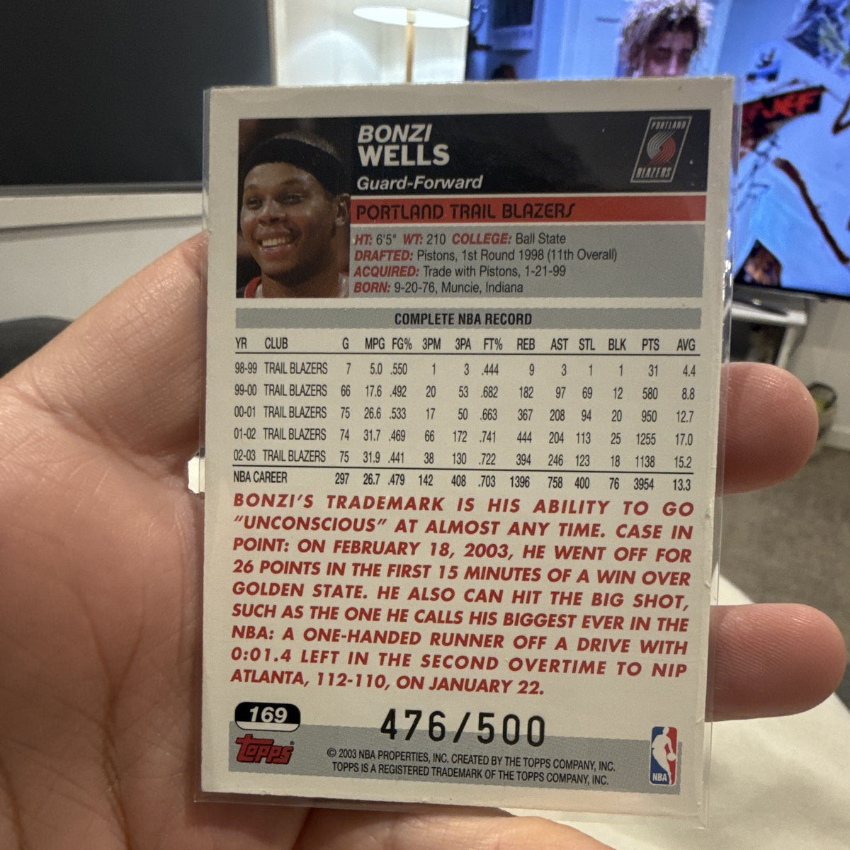 Topps 2003 04 Bonzi Wells Portland Trail Blazers #169 Serial #476/5001