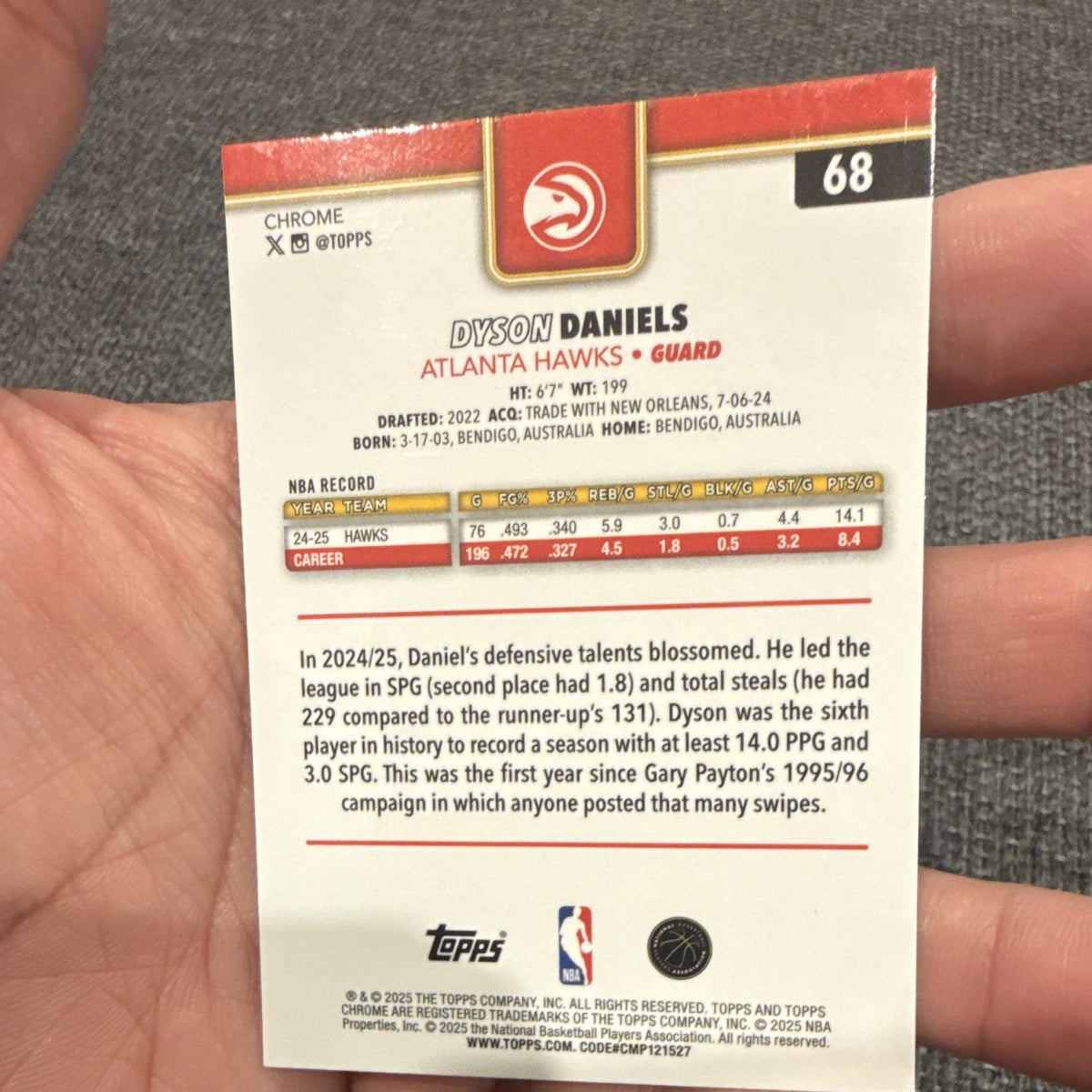Topps Chrome 2024-25 Dyson Daniels Atlanta Hawks 68 Basketball Card1