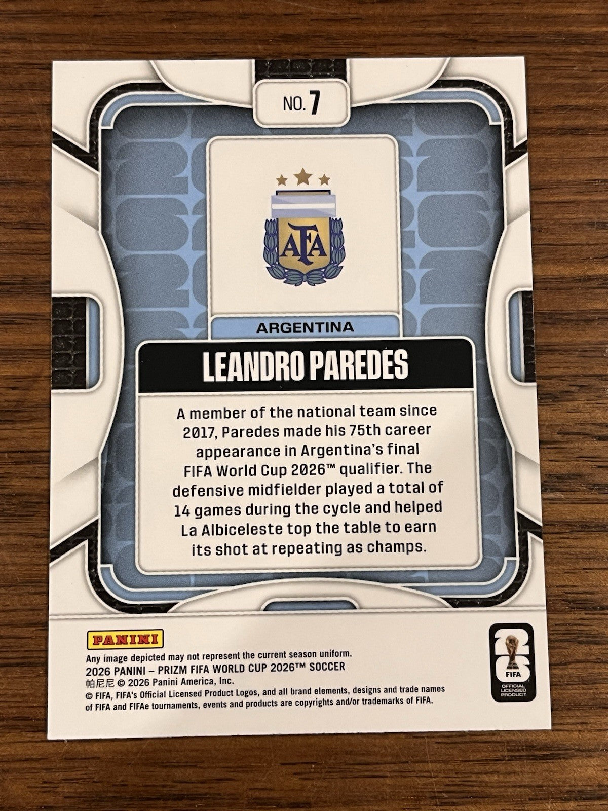 Panini Prizm FIFA World Cup 2026 Leandro Paredes Argentina No. 72