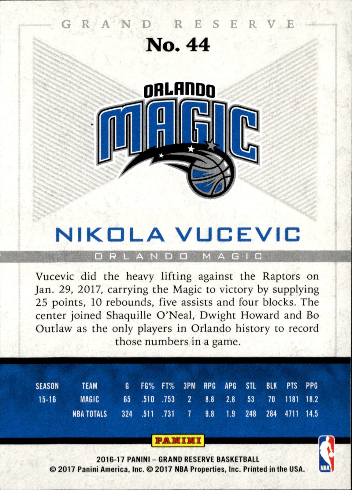 Nikola Vucevic Base Panini Grand Reserve 44 NM1