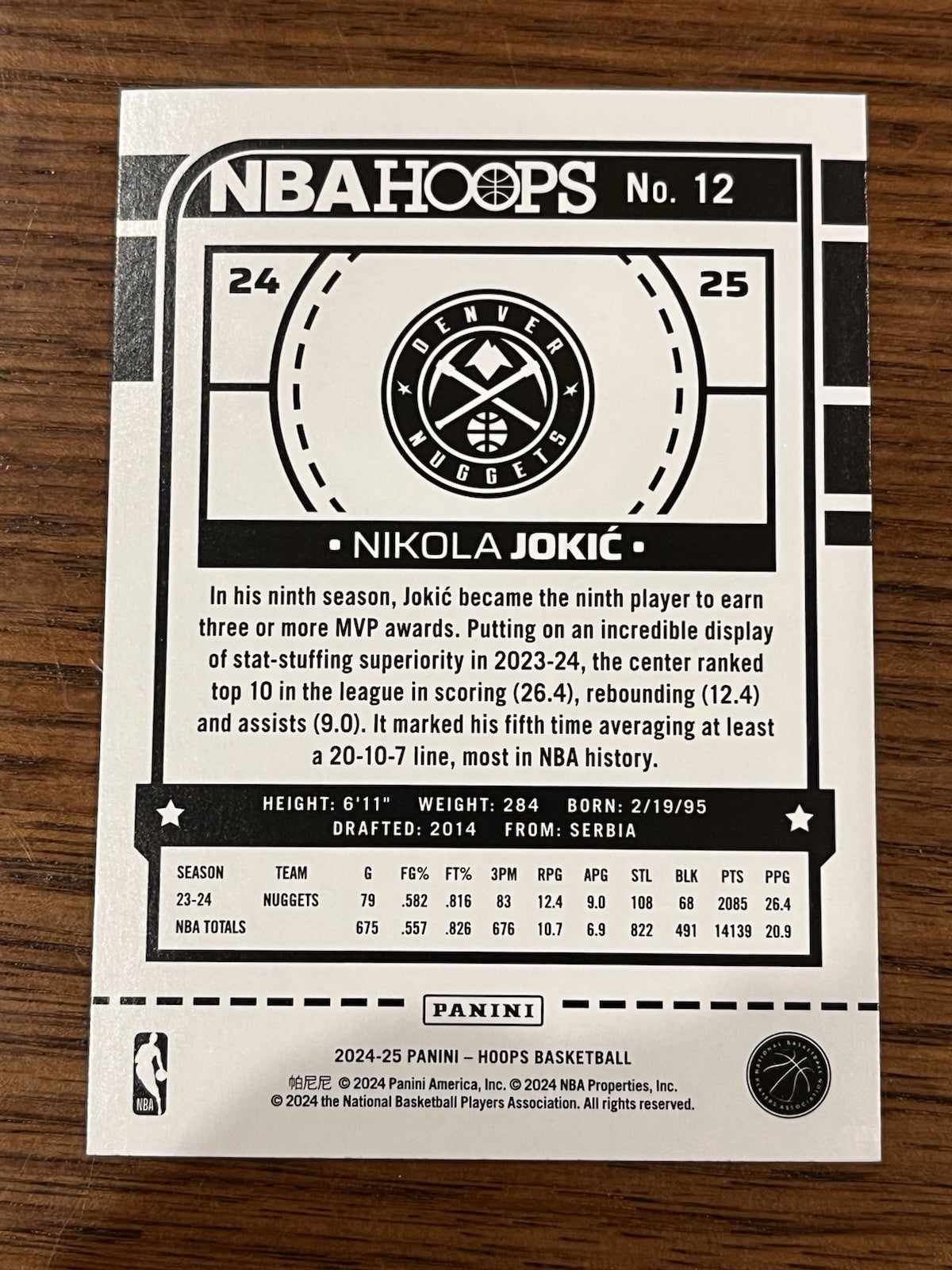 Panini NBA Hoops 2024 25 Base Nikola Jokić Denver Nuggets No. 122