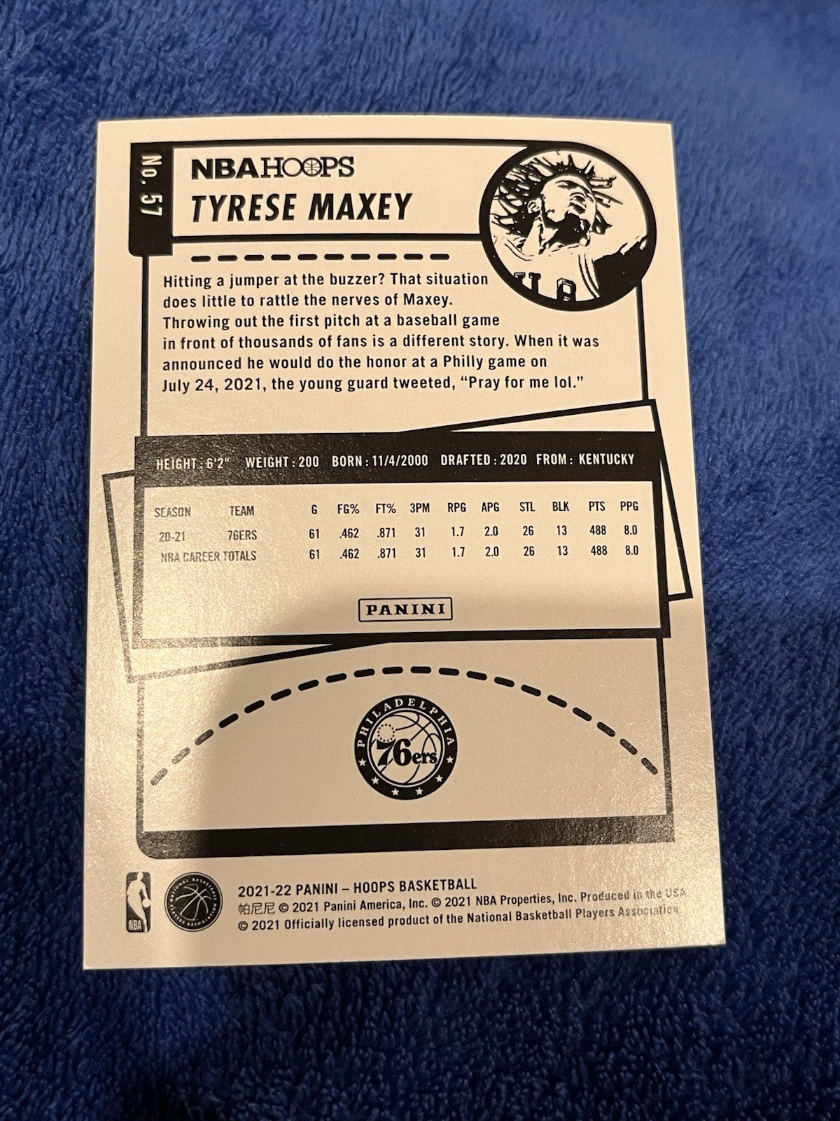 Tyrese Maxey Base Set Panini NBA Hoops 2021 22 Basketball #57 76ers2