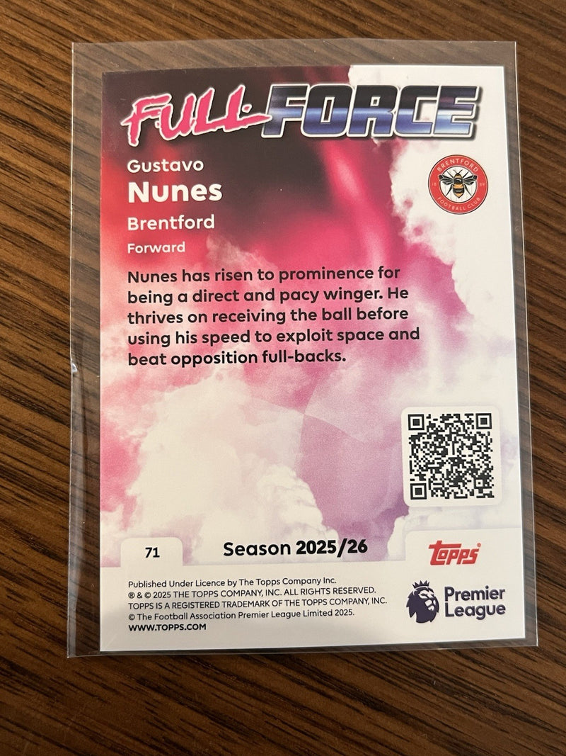 Topps Premier League Full Force Rookie Insert Gustavo Nunes Brentford 71 25/262