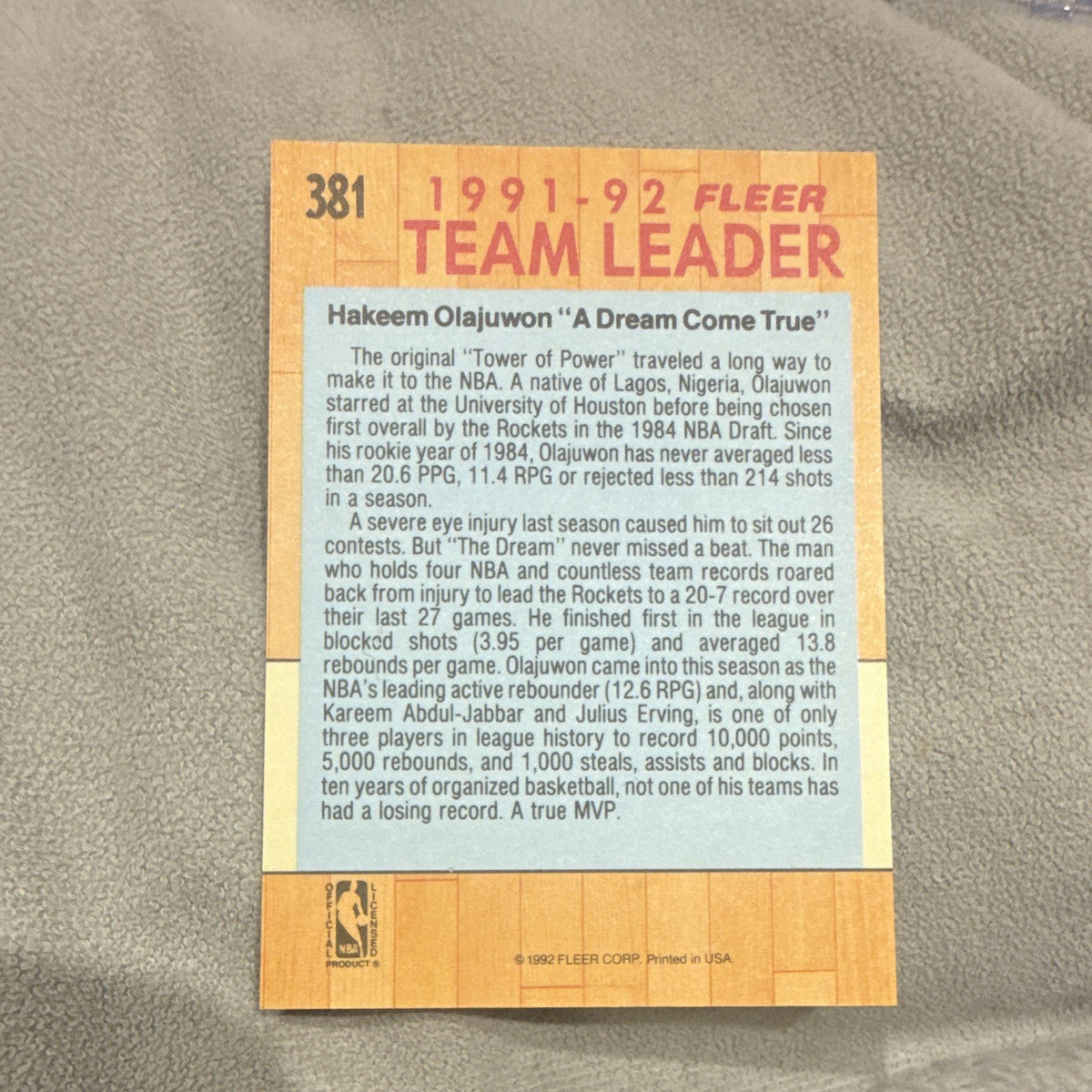 Fleer 1991 92 Fleer Hakeem Olajuwon Team Leader #381 Houston Rockets1