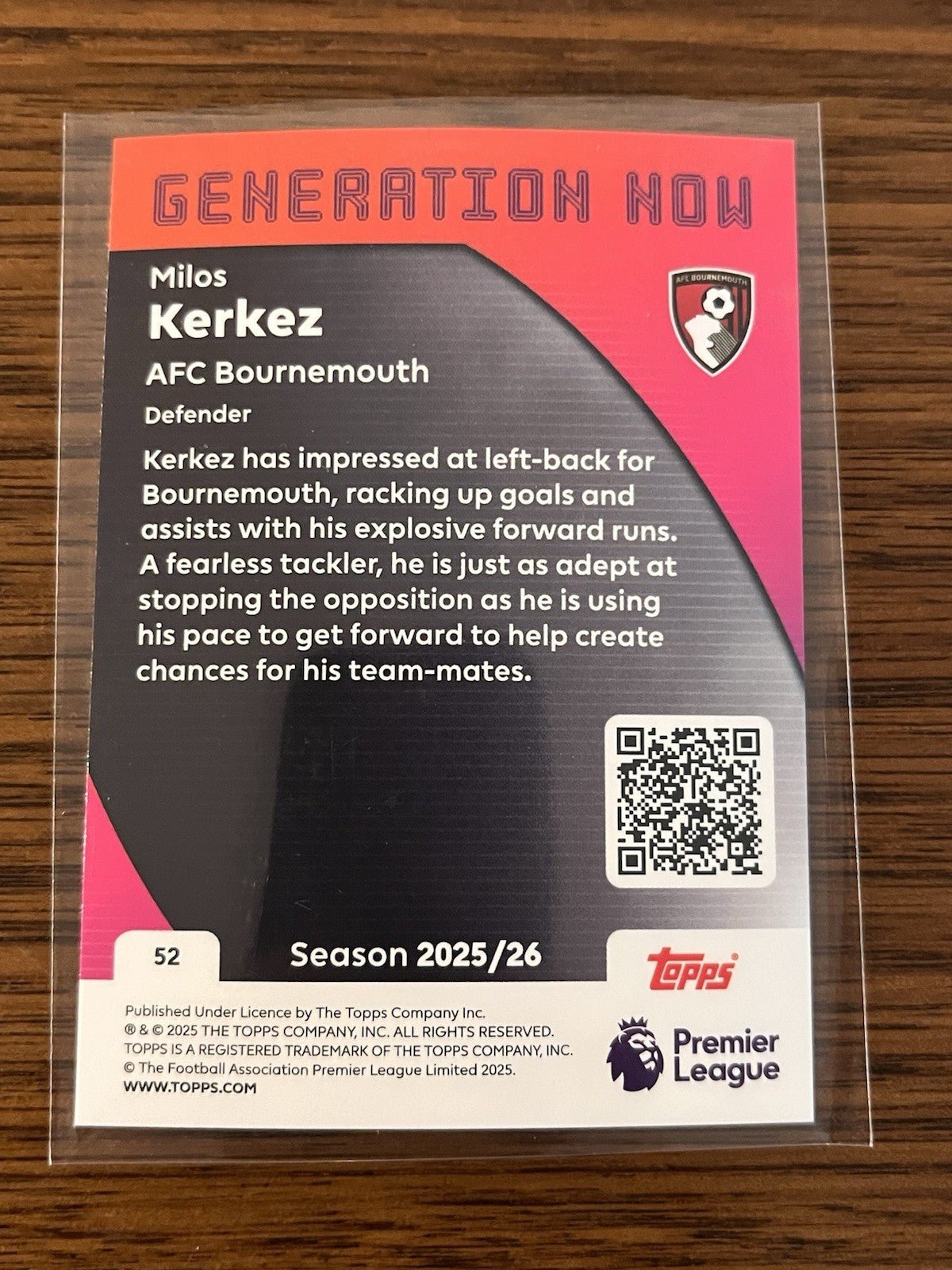 Milos Kerkez Generation Now #52 Topps Premier League 2025/26 AFC Bournemouth2