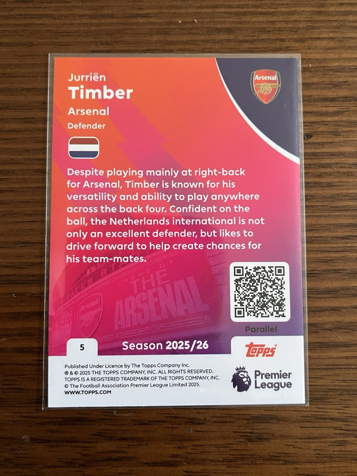 Topps Premier League 2025/26 Jurriën Timber Arsenal Parallel #52
