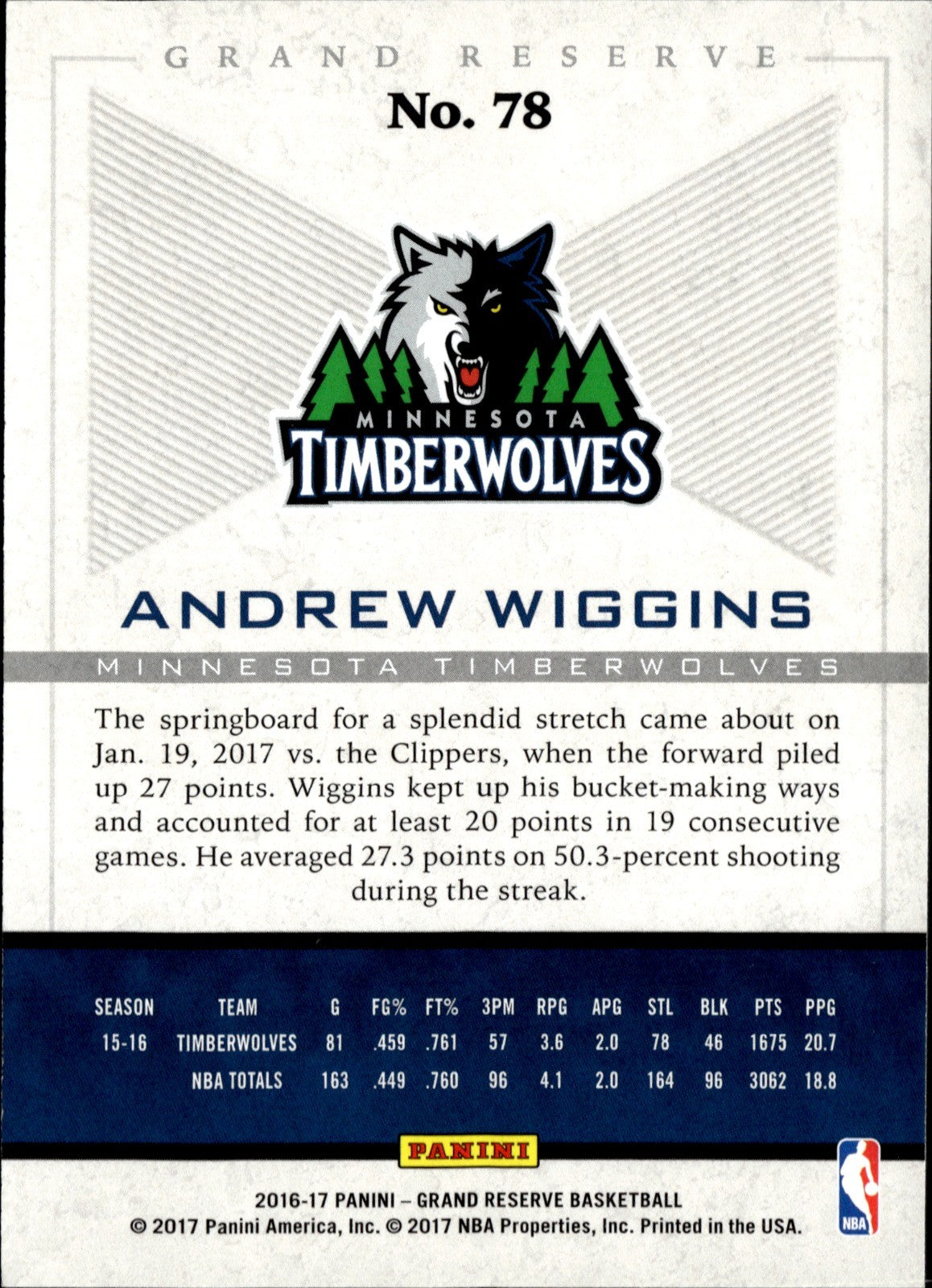Andrew Wiggins Base Panini Grand Reserve 78 NM1