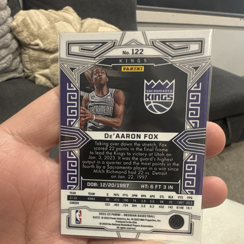 Panini Obsidian 2022 23 De'Aaron Fox Insert 122 Sacramento Kings NBA1