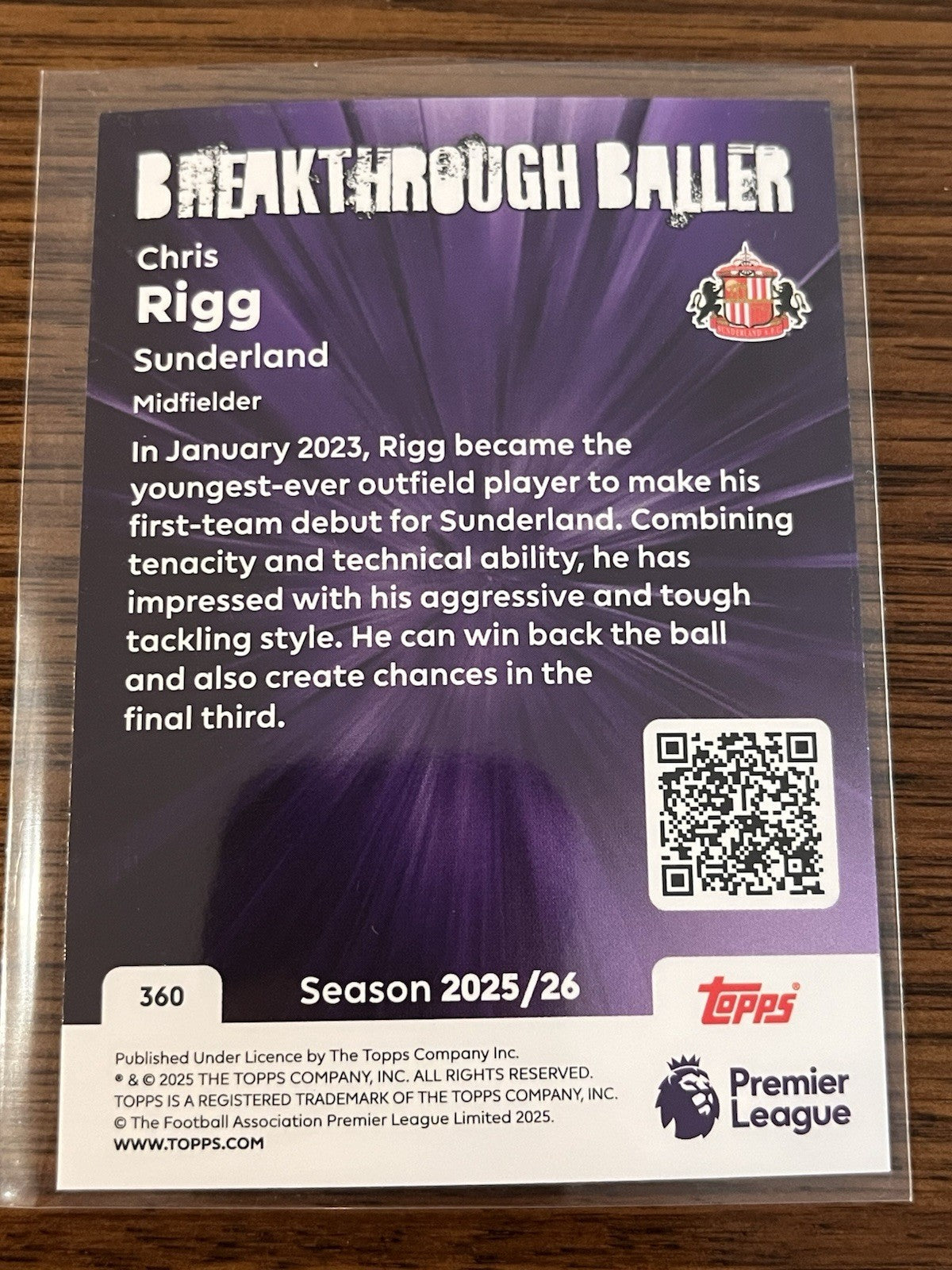 Topps Premier League Breakthrough Baller Rookie Chris Rigg Sunderland #3602