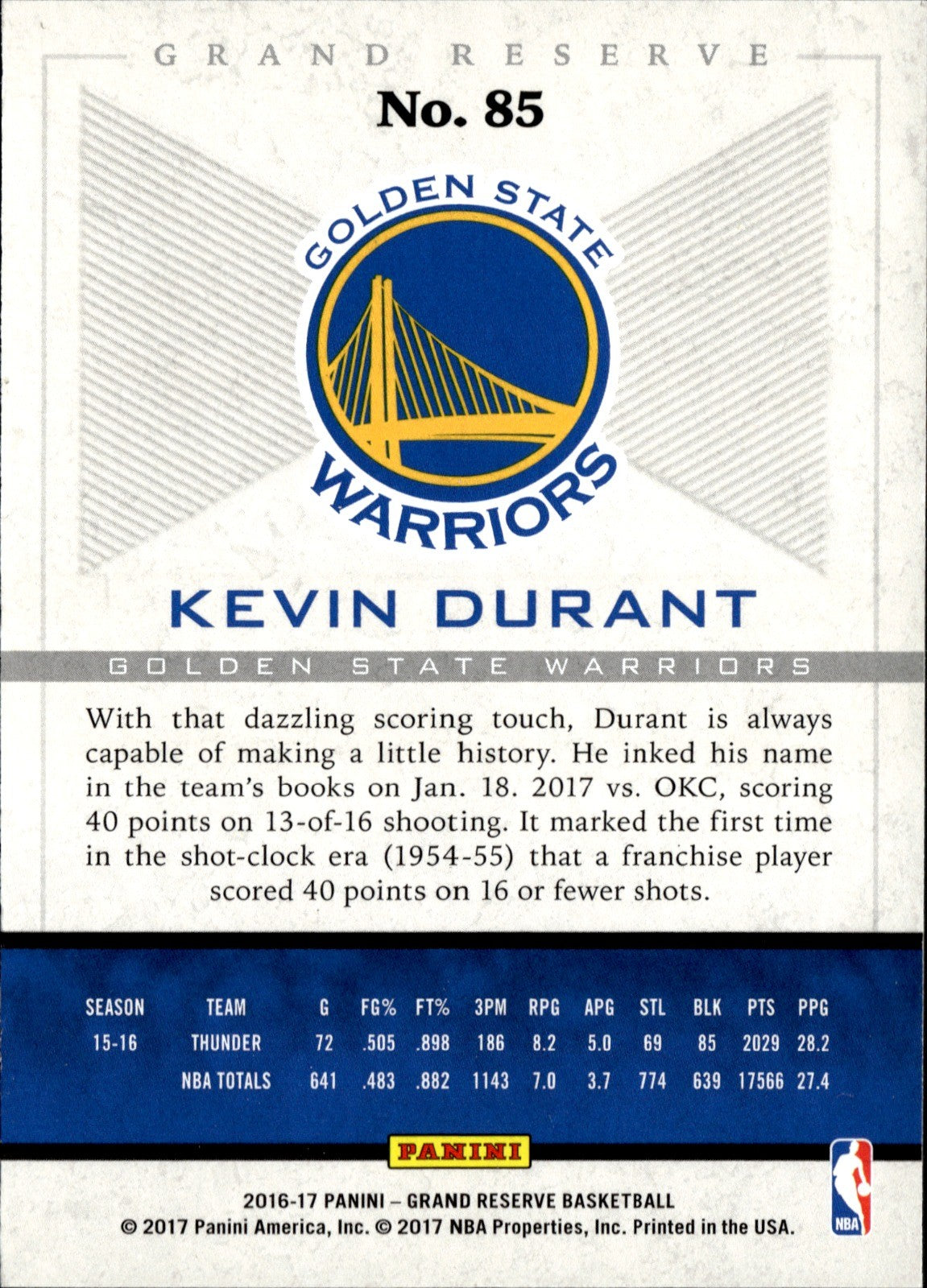 Kevin Durant Base Panini Grand Reserve 85 NM1