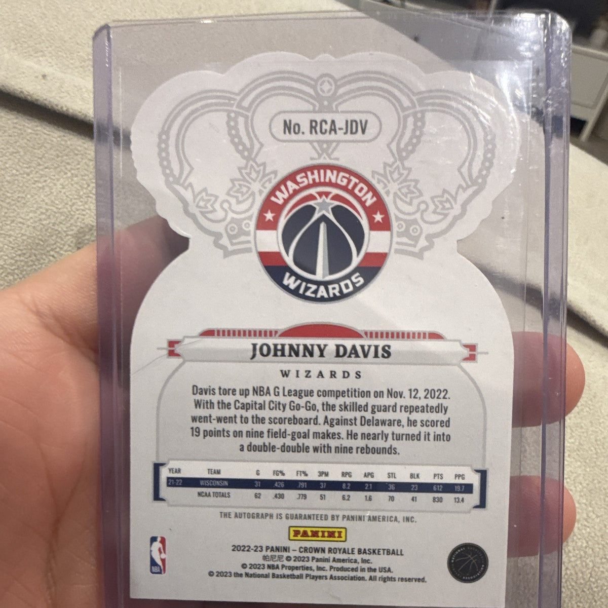 Panini Crown Royale 2022 23 Johnny Davis Auto Insert RCA JDV Wizards bookend 8/82