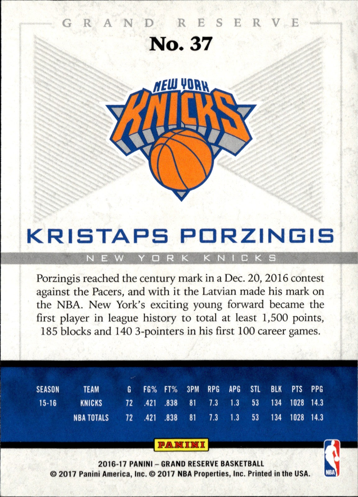 Kristaps Porzingis Base Panini Grand Reserve 37 NM1