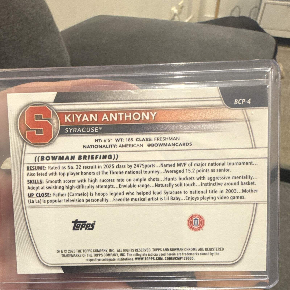 Topps 2025 Bowman Chrome U Prospects Kiyan Anthony BCP 4 1st 029/2991