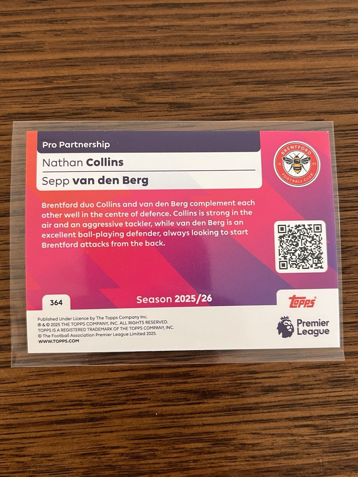 Topps Premier League Pro Partnership Insert Collins/van den Berg Brentford #3642