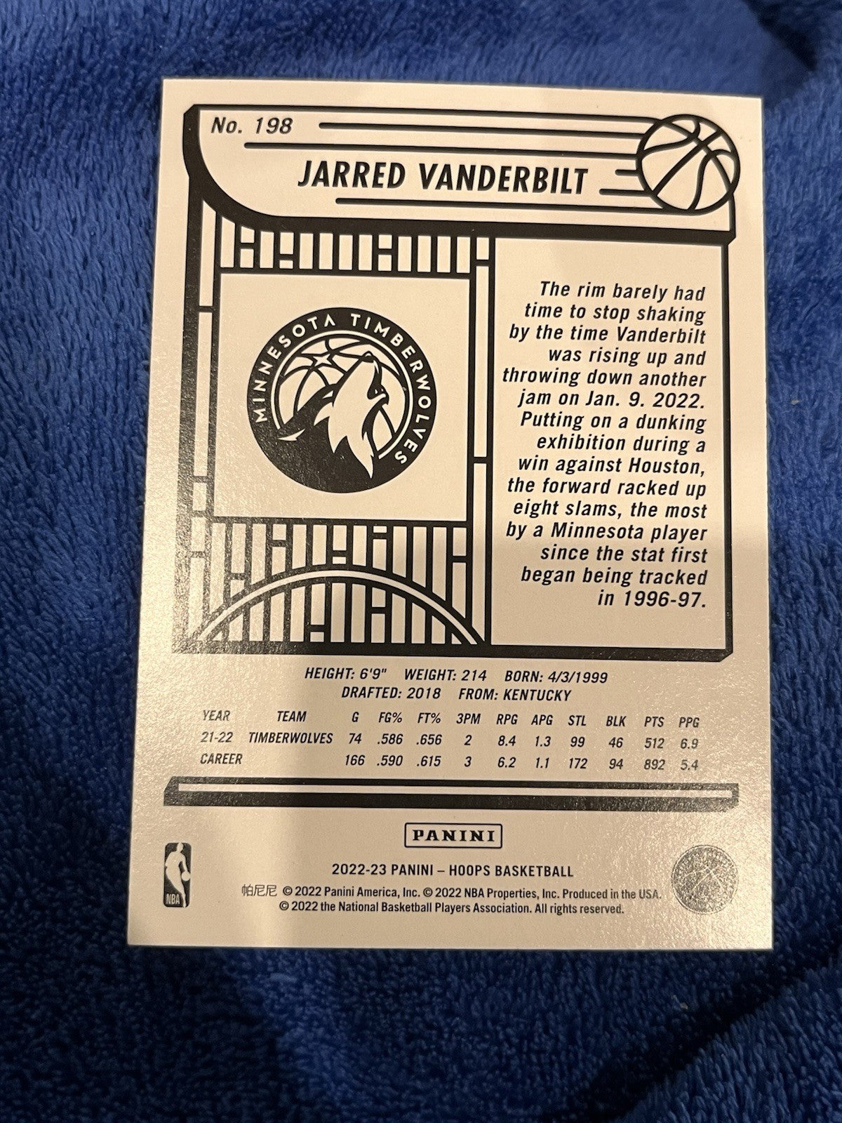 Panini Hoops 2022 23 Jarred Vanderbilt Base Set #198 Timberwolves2