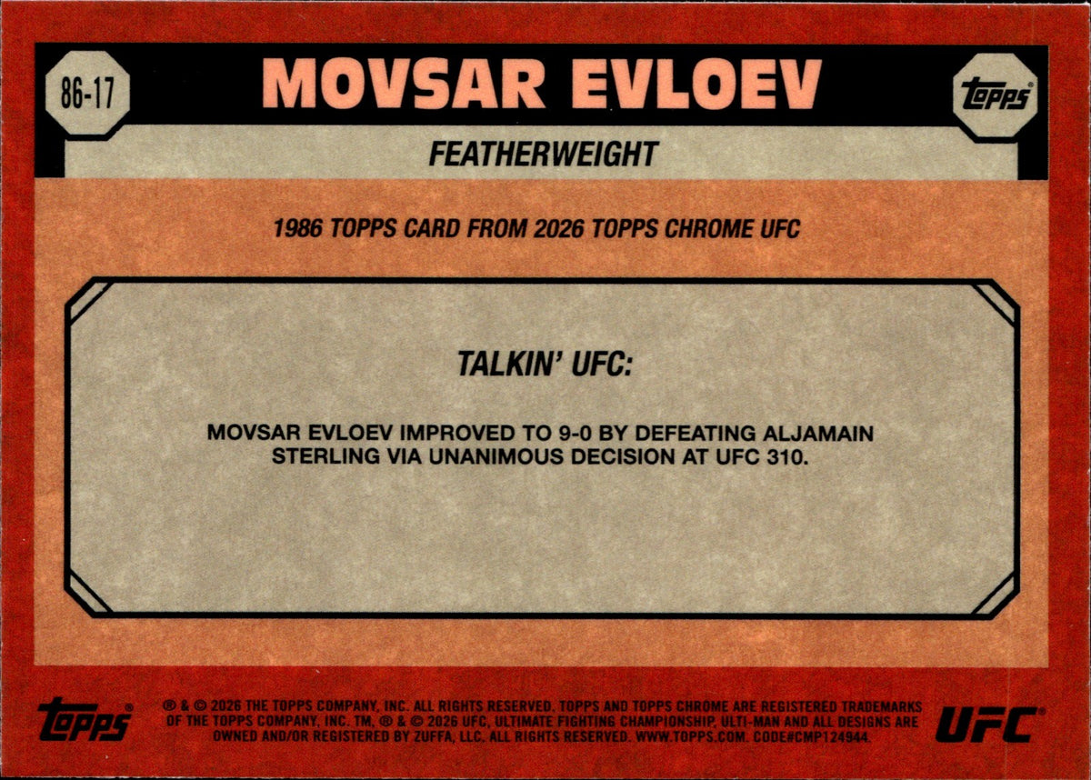 Movsar Evloev 1986 Topps 86 17 Topps Chrome UFC   1986 Topps NM1