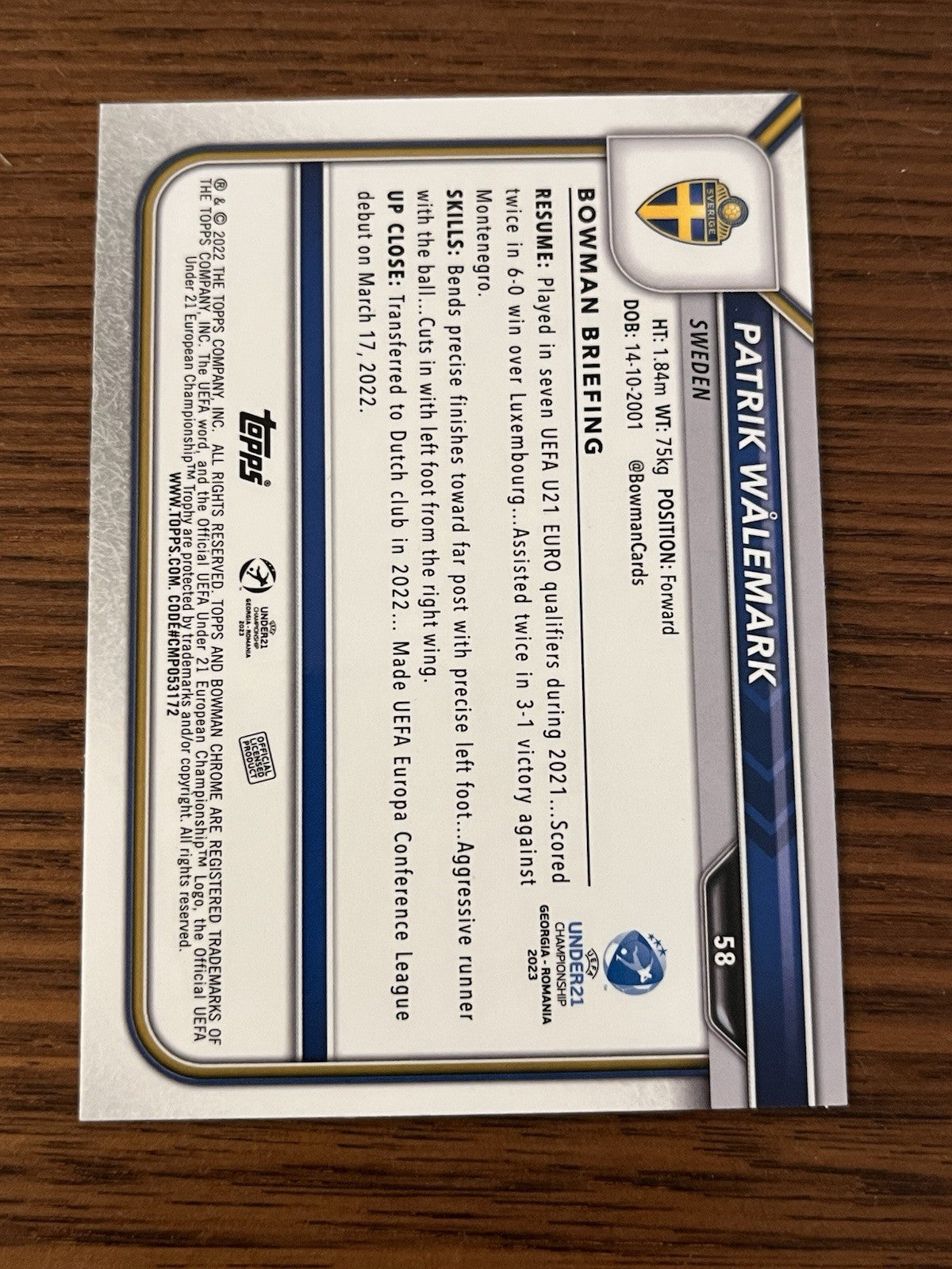 Topps Bowman Chrome 2022 Patrik Wålemark 1st Bowman Sweden Soccer 582