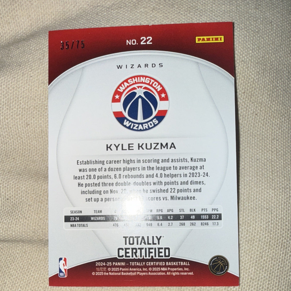Panini Totally Certified 2024-25 Kyle Kuzma Wizards Parallel 35/75 #221