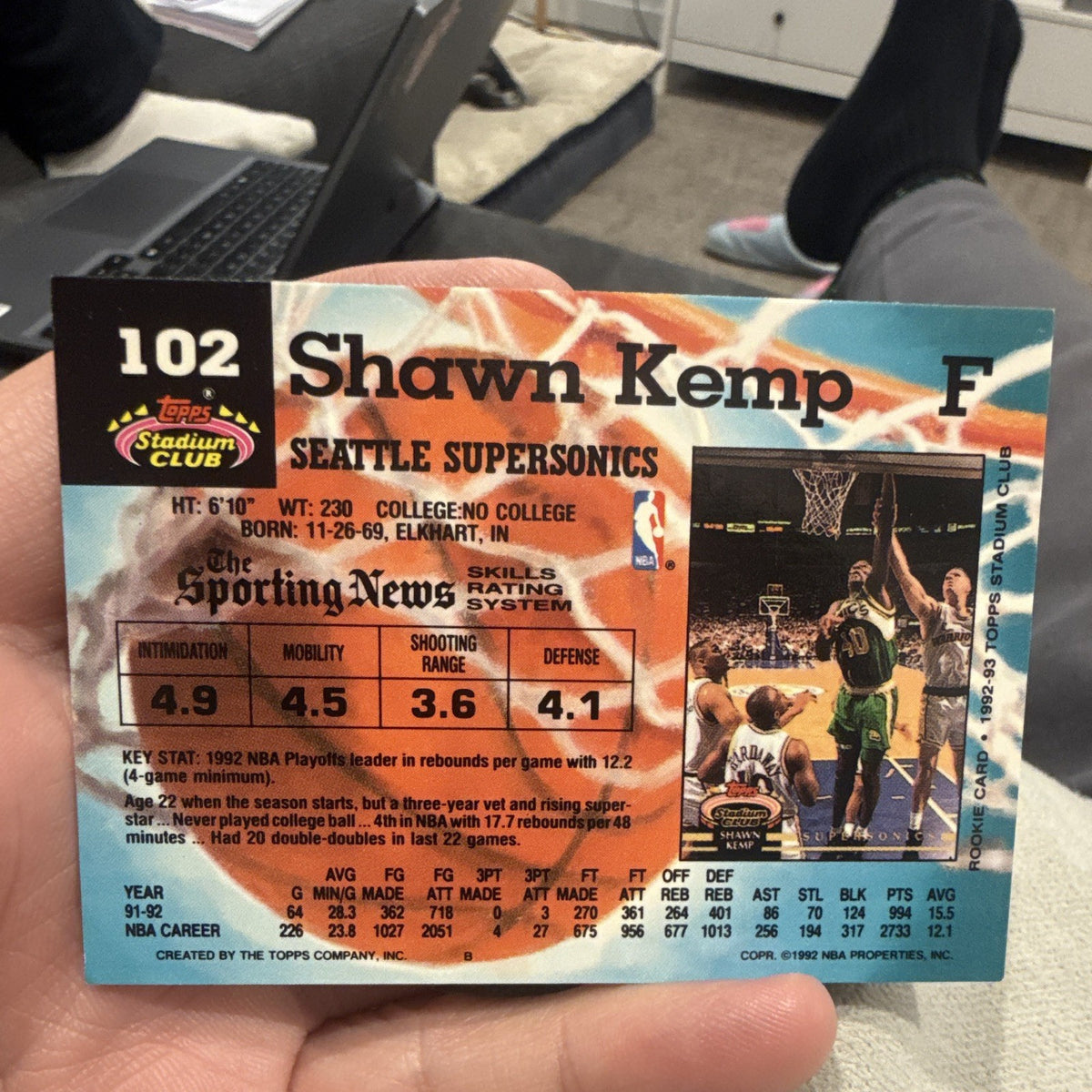 Topps Stadium Club 1992 93 Shawn Kemp Seattle SuperSonics Members Only #1021