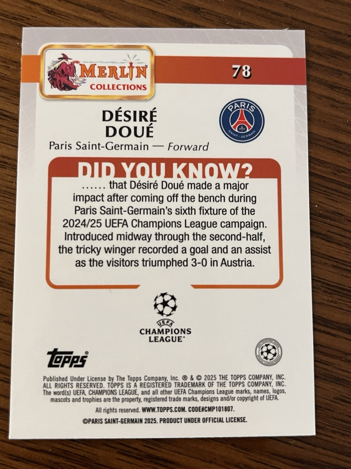 Topps Merlin Collections Désiré Doué Base UEFA Champions League Paris SG #782