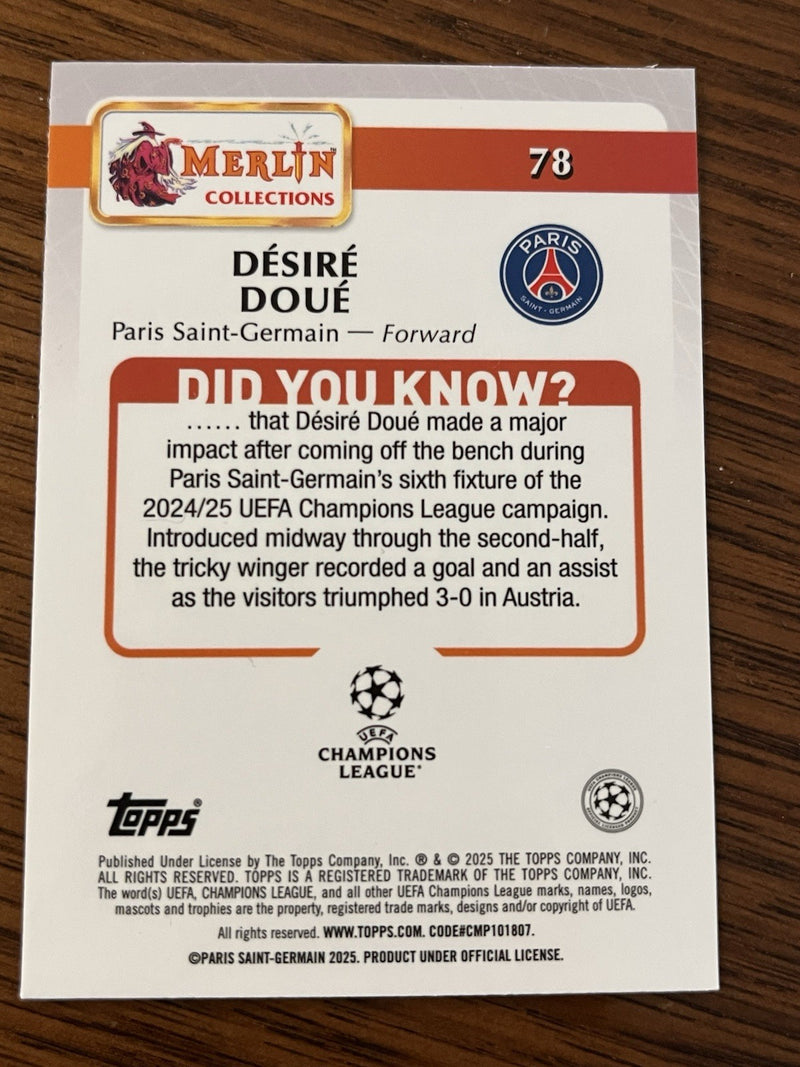 Topps Merlin Collections Désiré Doué Base UEFA Champions League Paris SG #782