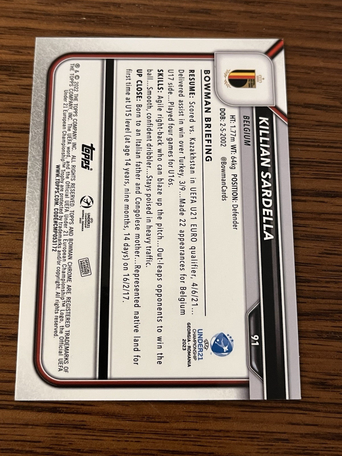 Killian Sardella 1st Bowman Chrome Topps Bowman Chrome U21 Belgium 91 20222